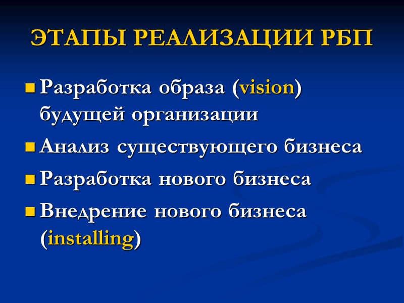 ЭТАПЫ РЕАЛИЗАЦИИ РБП Разработка образа (vision) будущей организации Анализ существующего бизнеса Разработка нового бизнеса